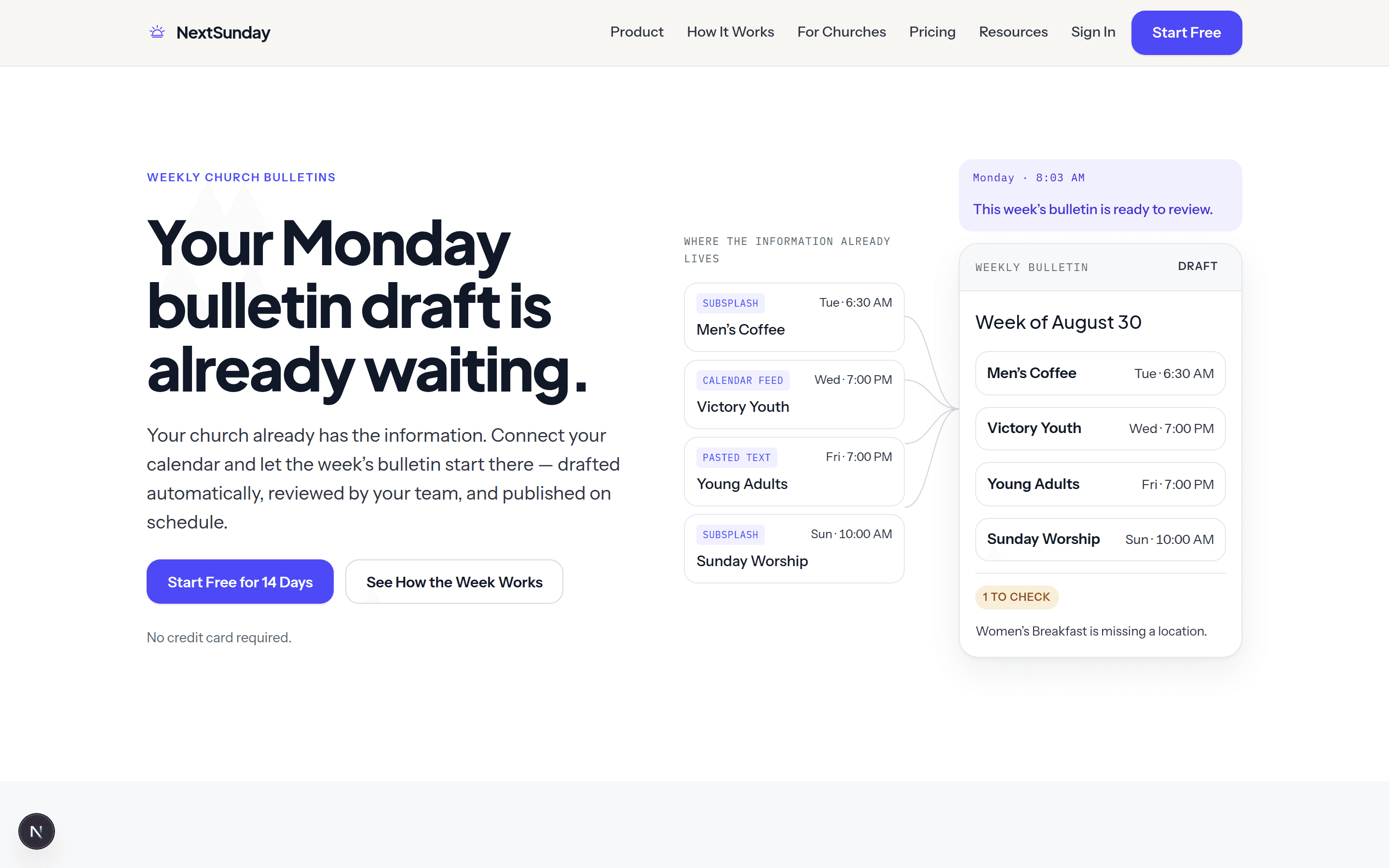 NextSunday’s homepage: “Your Monday bulletin draft is already waiting.” beside a weekly bulletin draft built from calendar events.