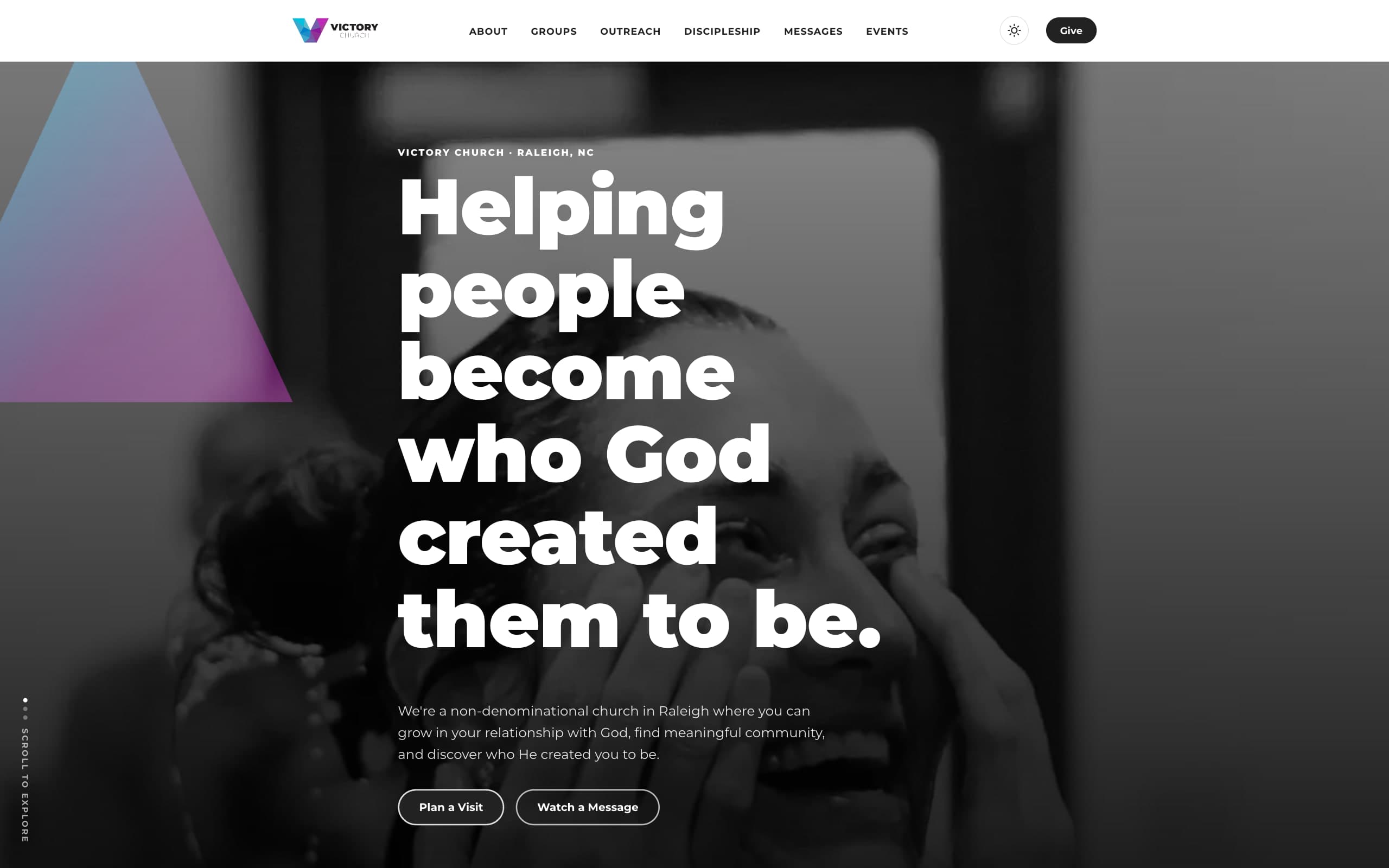 Victory Church’s homepage: the V logo in blue and purple, the same colors in a large triangle, and “Helping people become who God created them to be.” in heavy white type over a black-and-white photo.