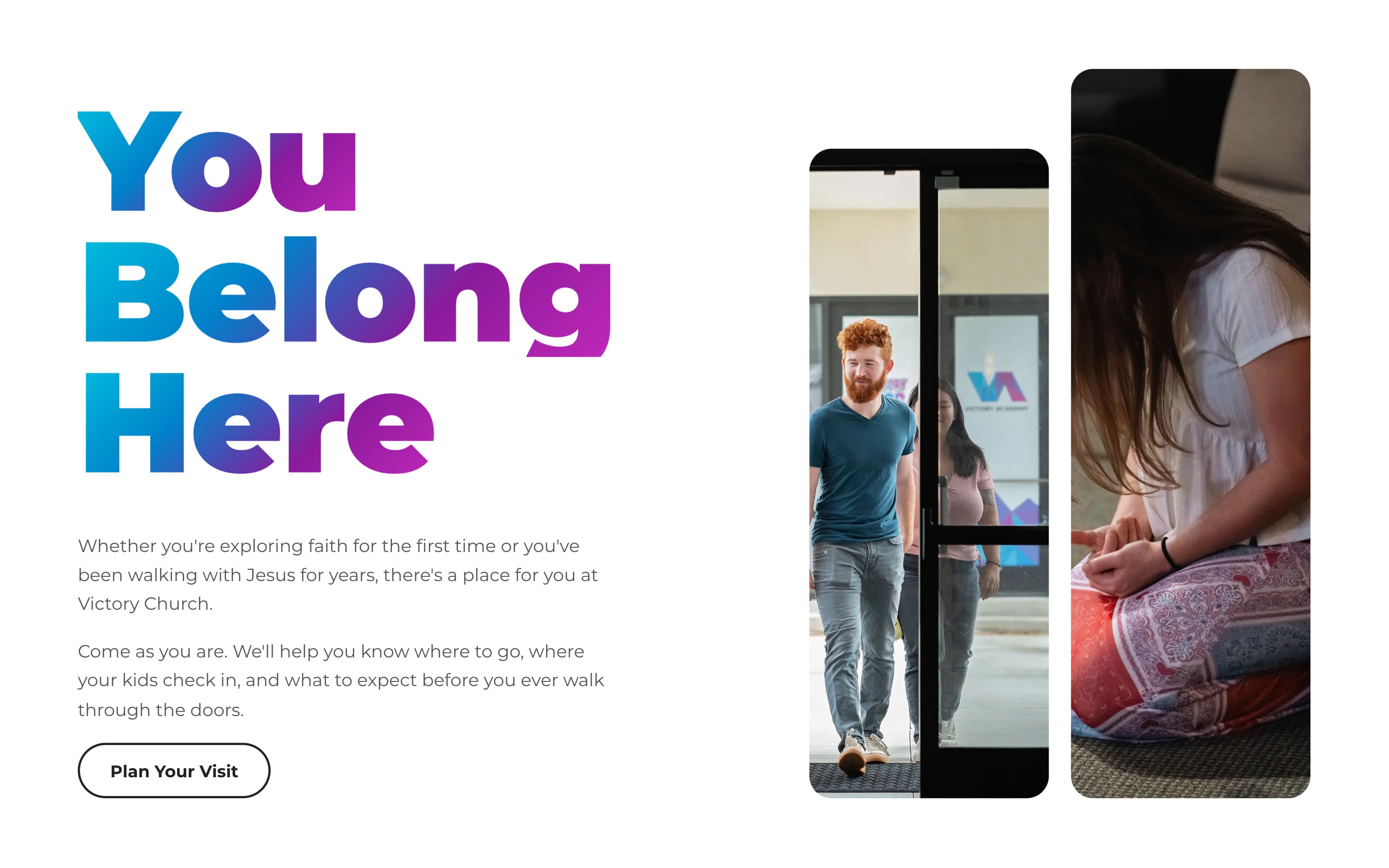 Victory Church’s homepage welcome: “You Belong Here” in bold gradient type beside two portrait photographs, with a Plan Your Visit button.
