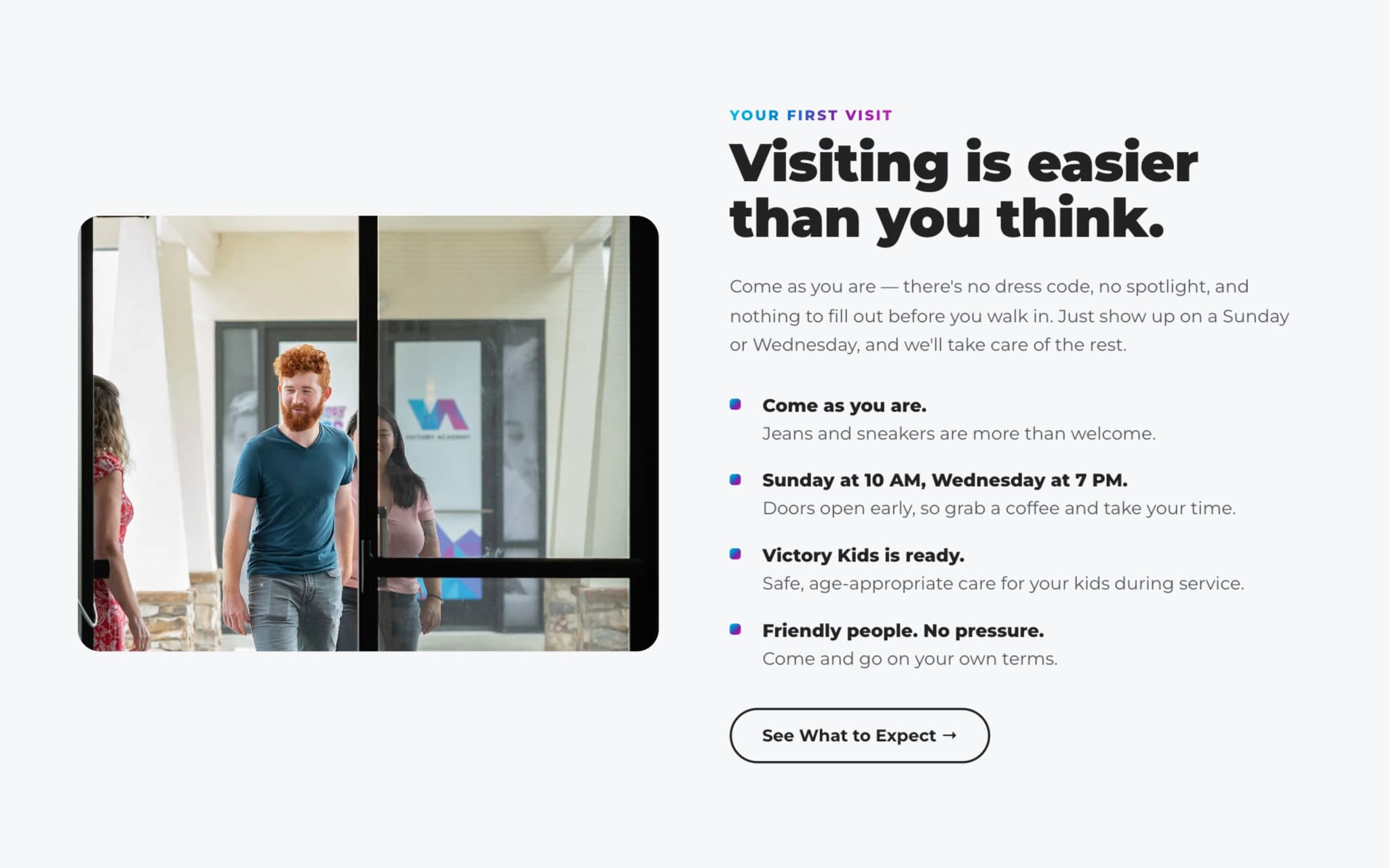 Victory Church’s “Visiting is easier than you think” section: a photo of the church entrance beside service times, what to wear and Victory Kids.